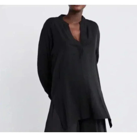 Zara Black Split Neck Tunic Blouse with Side Slits XXL 1J - Picture 1 of 6